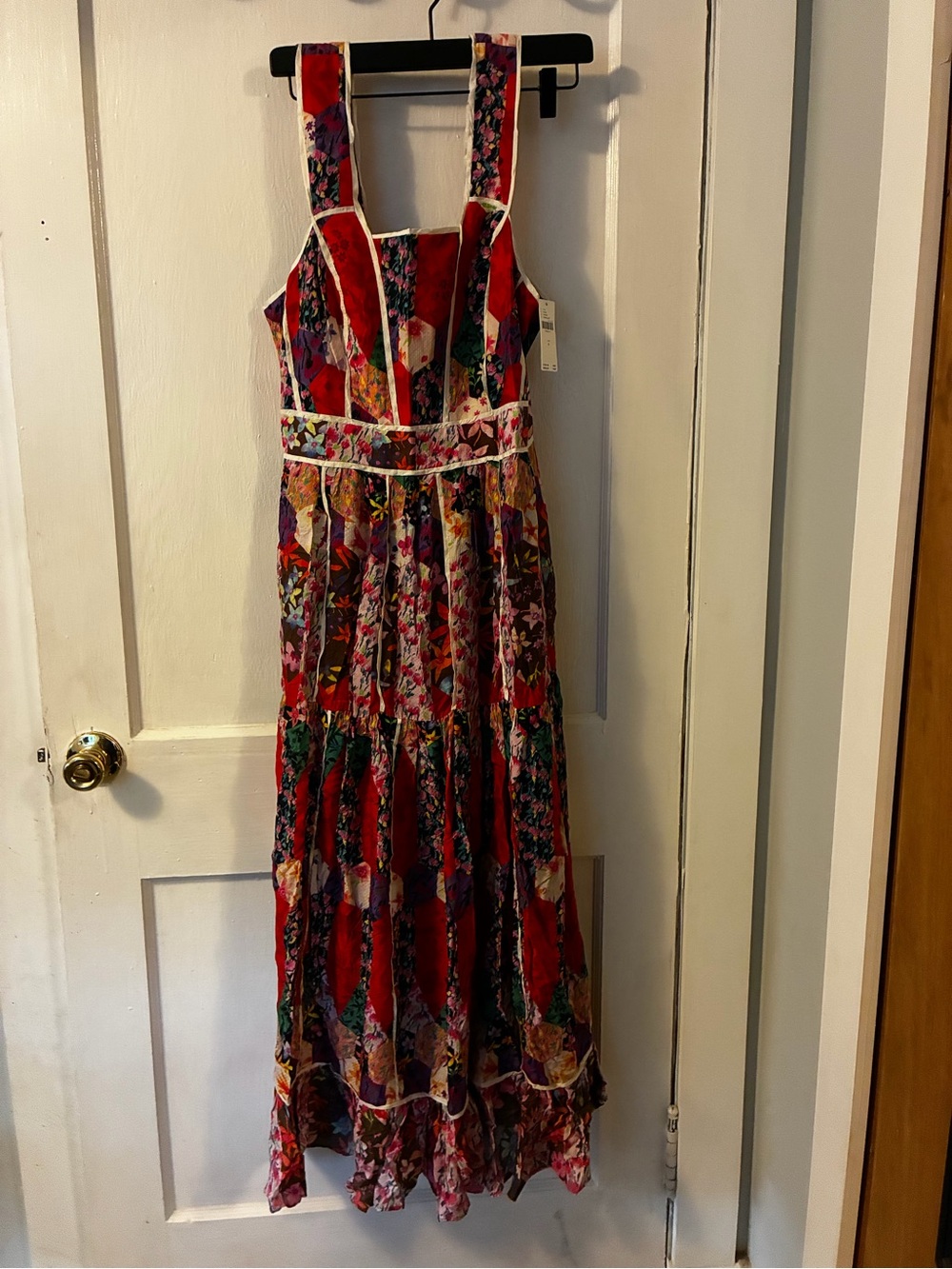 Anthropologie Floral Patchwork Red Maxi Dress with Piping